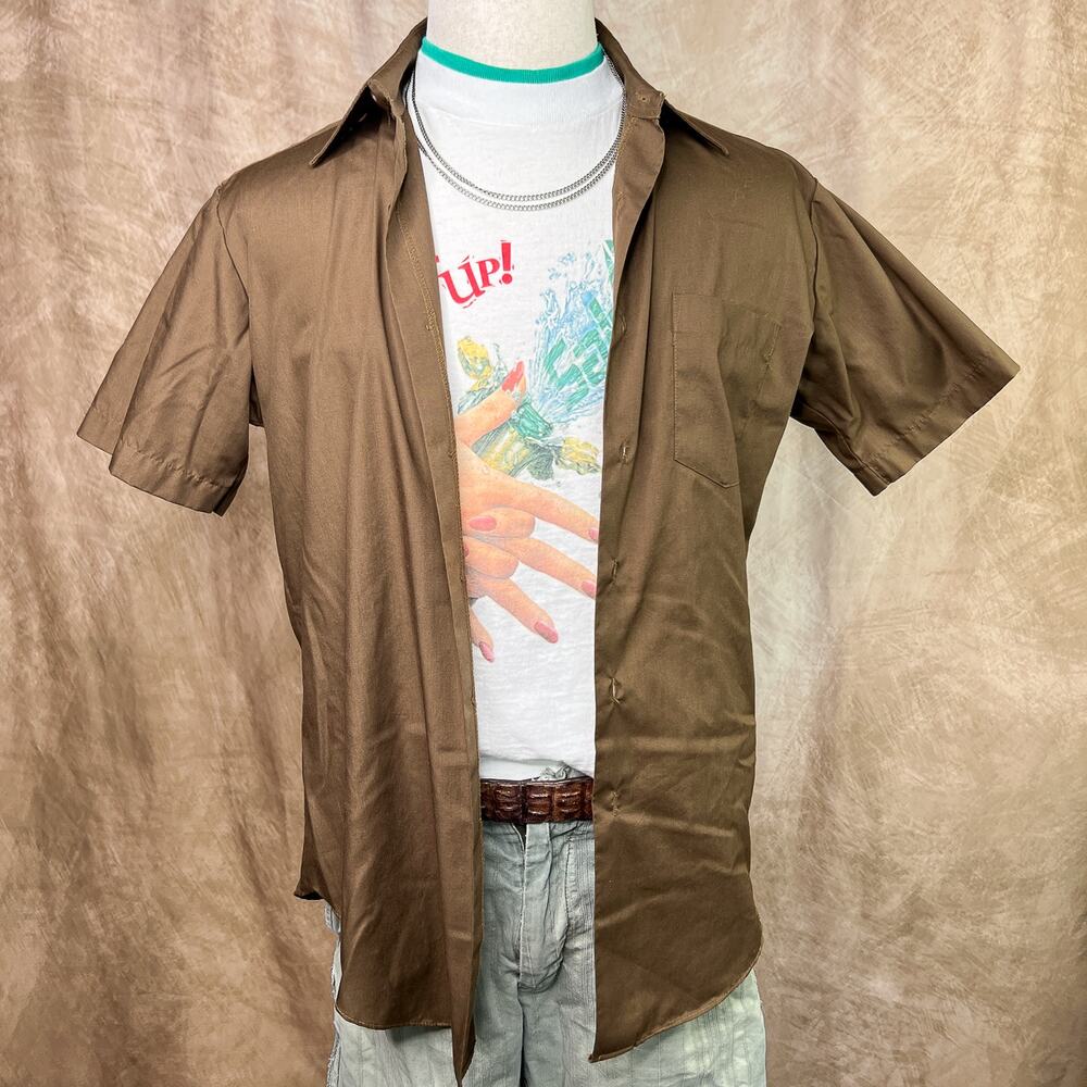 Vintage 70s Button Up Shirt Short Sleeve Brown Dagger Collar Retro Menswear